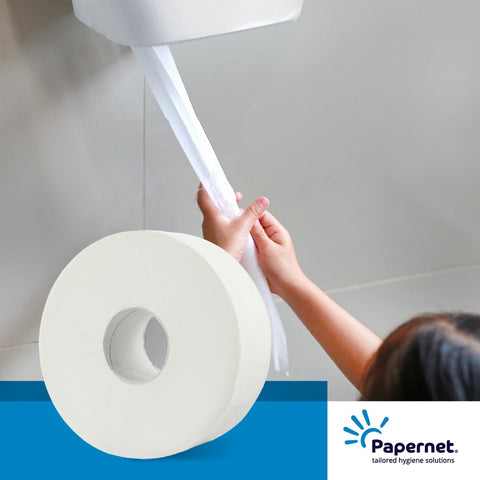 Mini Jumbo Toilet Paper 400918, 12 Rolls of Pure Cellulose Paper, 152m Each, 2 Ply, Roll Diameter 19.5cm