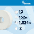 Mini Jumbo Toilet Paper 400918, 12 Rolls of Pure Cellulose Paper, 152m Each, 2 Ply, Roll Diameter 19.5cm