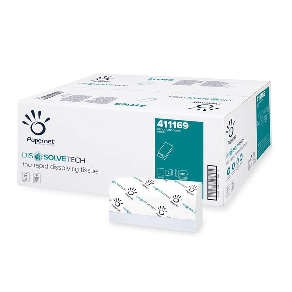 Papernet Dissolve Tech - V-Folded Paper Hand Towels 15 Packs of 210 Towels Made of Pure Cellulose, Biodegradable and Highly Resistant Paper, 2 Ply, Folded Size 22 X 10.5Cm