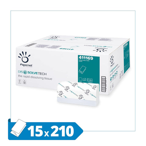 Papernet Dissolve Tech - V-Folded Paper Hand Towels 15 Packs of 210 Towels Made of Pure Cellulose, Biodegradable and Highly Resistant Paper, 2 Ply, Folded Size 22 X 10.5Cm